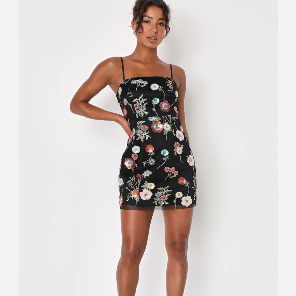 NWT LULUS Blooming Aesthetic Black Floral Embroidered Sequin Mini Dress Small